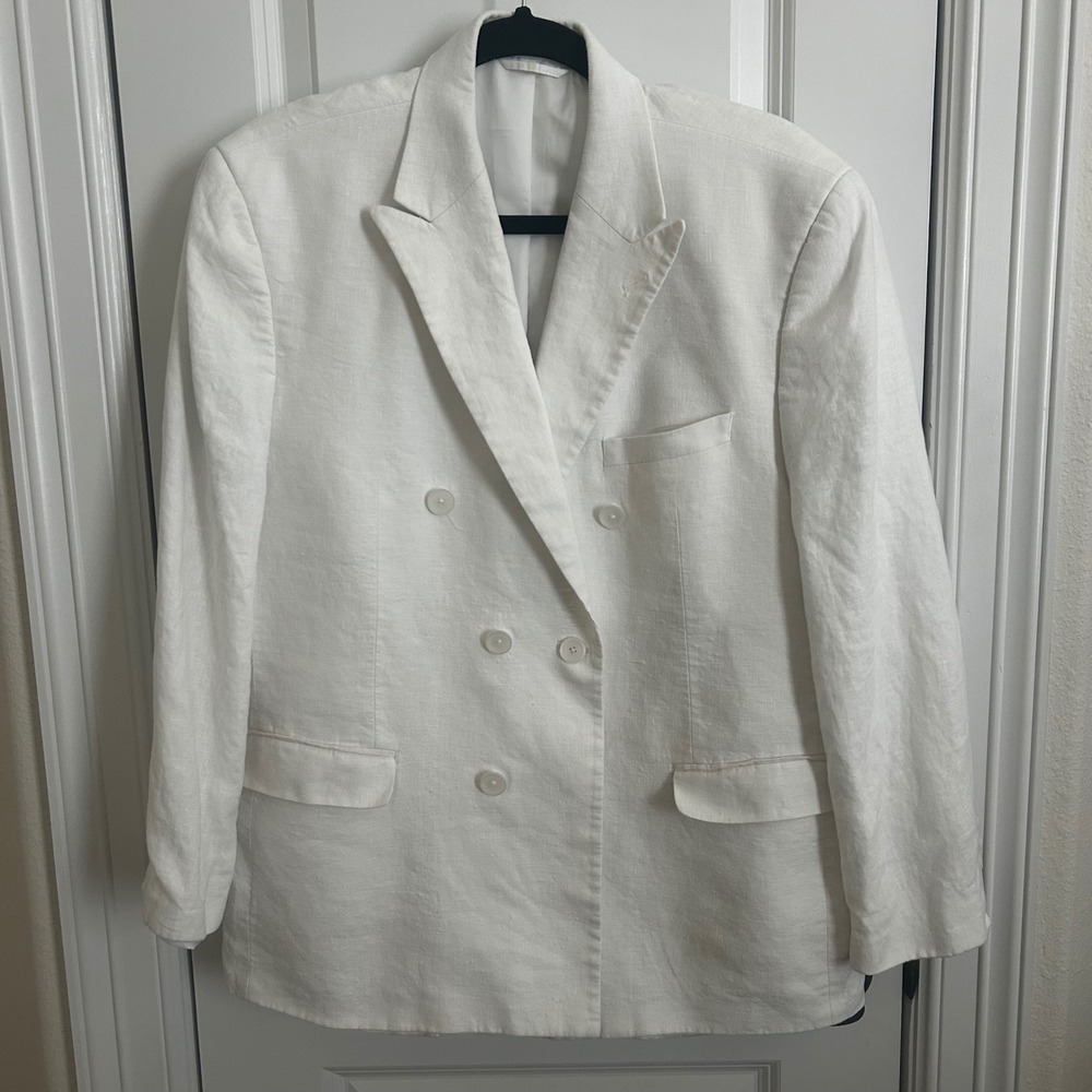 Bar III Mens White 100% Linen Double Breasted Blazer Slim Fit Suit Jacket 42S